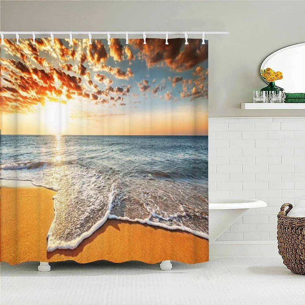 Solsken Ocean Strand Tyg Duschdraperi Badrumsgardiner Solnedgång Skymning Havsdjur Delfin Badskärm med 12 Krokar 300x180