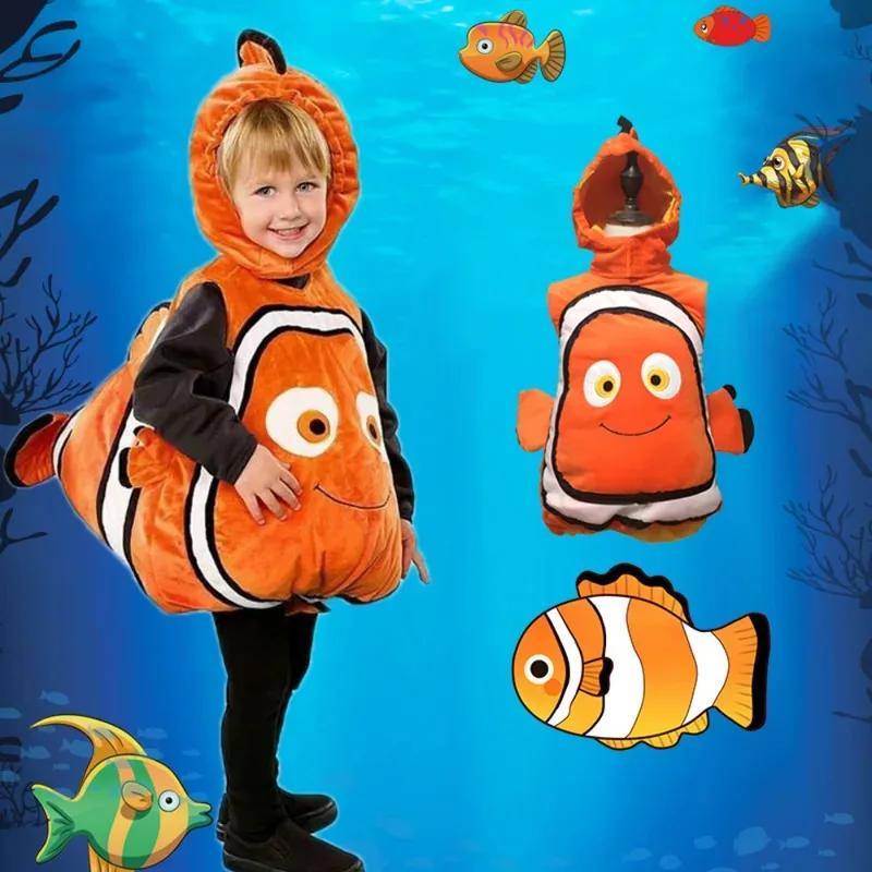 Ny Halloween Cosplay Kostym Tecknad Djur Undervattensmobilisering Nemo Clownfisk Jumpsuit Huvudbonad Set för Vuxna Pojkar Flickor 130-140cm