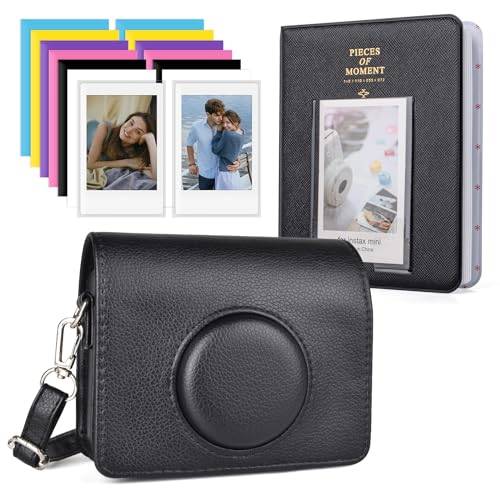 HIYQIN Mini Evo kamerafodral med fotoalbum/tillbehör – skyddande läderfodral kompatibelt med Fujifilm Mini Evo Instant Camera – svart+svart
