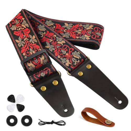 Aucuu Gitarrband, 2 tum vintage broderad gitarr rem i bomull, justerbart gitarrband, äkta läderändar för bas, elektrisk akustik, med bältesknapp, 2 bälteslås, 4 gitarrplektrum, #2 röd jacquard