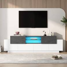 LED-TV-skåp, TV-byrå, lågt bord, modernt TV-underhållningscenter med glashyllor för vardagsrum, sovrum, TV-konsol med förvaring, spelmediaskåp för 80/ - Grå+Vit + Spånskiva