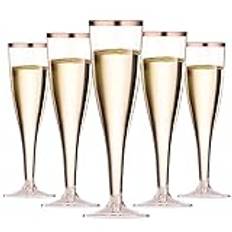 LATERN 50 stycken champagneglas med roséguldkant, 150 ml champagneglas av plast återanvändbara festvinmuggar med handtag för trädgård, bröllop, jubileum, dusch, fester (5 x 17 cm)