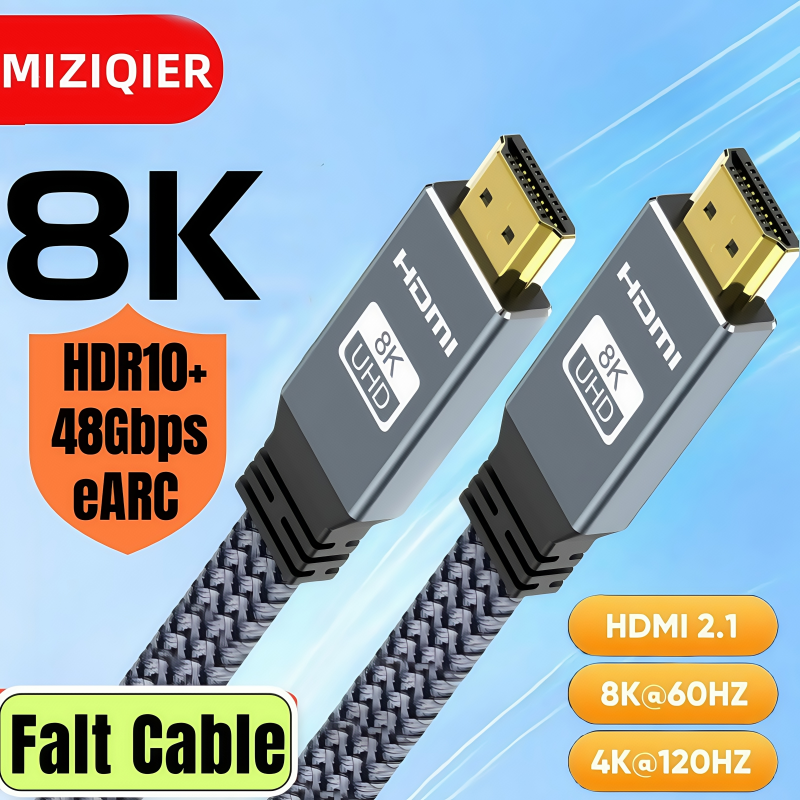 MIZIQIER HDMI 2.1 Cable Falt HDMI Cord 8K60Hz 4K120Hz 144hz 48Gbps EARC HDCP Ultra High Speed HDR for HDTV Laptop Projector PS5