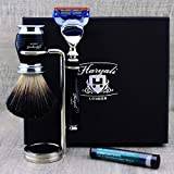 Haryali London Black Luxury herr rakapparat set 5 Edge rakknivar, rakningpensel, rakningstativ och alaun penna