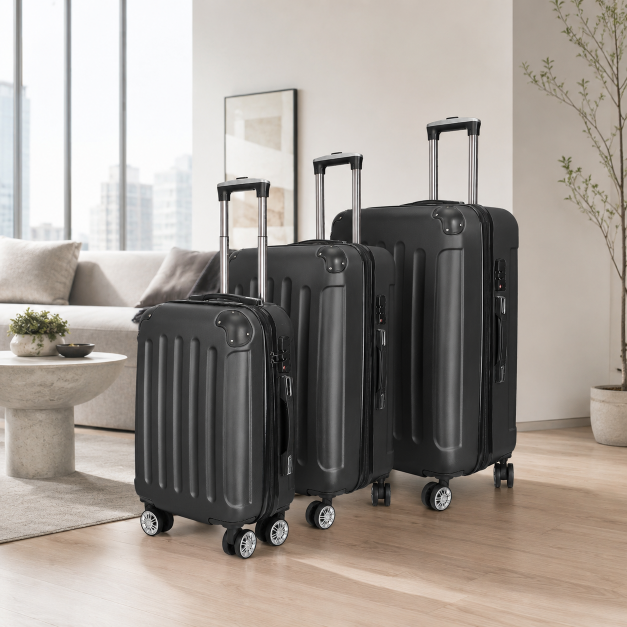 3 Piece Hard Shell Luggage Set with TSA Lock, 3-Level Adjustable Telescopic Handle, 360° Silent Spinner Wheels, ABS Travel Suitcase with Multiple Interior Pockets, Available in Black, Gray, Dark Gray