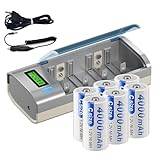 Mspalocell Baby C batteri laddningsbart med universal batteriladdare, 6 st 4000 mAh, laddningsbara C batterier med LCD batteriladdare för AA/AAA/C/D NI-MH batterier