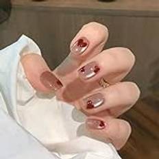 Press-on-naglar, 24 st, franska naglar, korta, glitter röda, hjärta, fyrkant, lösnaglar, ballerina, akryl, heltäckande, självhäftande lösnaglar för kvinnor och flickor, gör-det-själv-nagelkonst