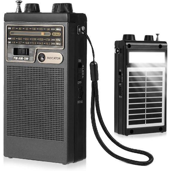 Bärbar AM FM SW Transistorradio med Solcellsladdning & COB-ljus Svart