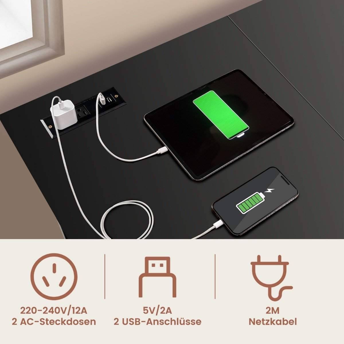 Skrivebord L-Shape hjørne skrivebord med stikkontakter & USB-porte 120 x 120 x 75 cm sort