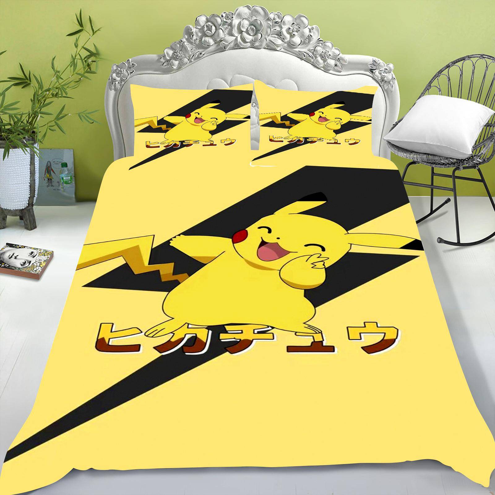 Tecknad påslakan set för barn, Pikachu Anime täcke, King Size täcke, Queen, Grad A, 3D sovrumslakan 228x228cm