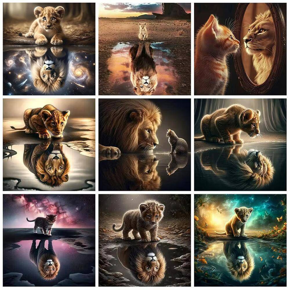 Diamond Painting Ny Kollektion Katt Lejon Djur Full Runda Diamanter Mosaik Hem Sovrum Väggkonst