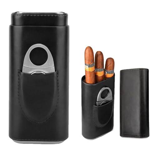 Yadiraom Mtlhbcg Cigarrfodral för 3 Cigarrer: Humidorer för cigarrer, Läder Cigarrfodral, Läder Cigarrfodral med Rostfritt Stål Cigarrskärare, Bärbara Humidorer för Cigarrer för Resor