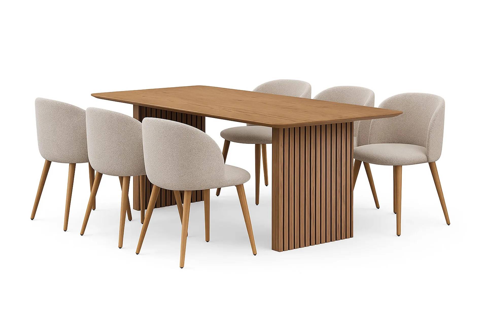 Bark Richeto Matbord 210 cm med 6 Greya Matstolar med armstöd Naturlig finish / Greige Bouclé / Metallben Ek