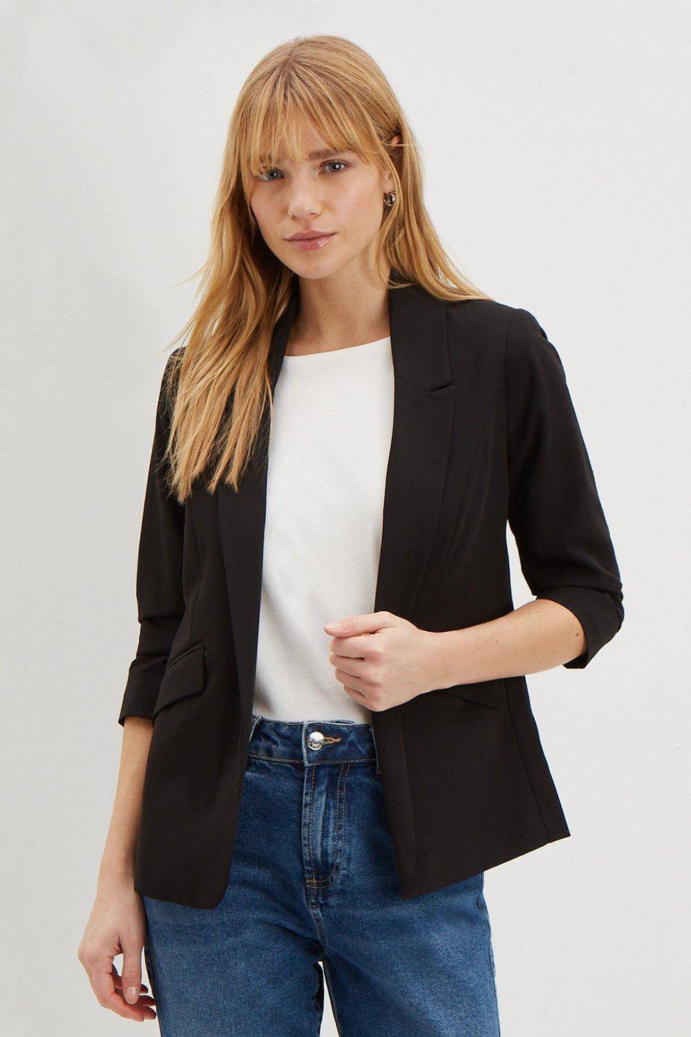 Ruched Sleeve Blazer, black