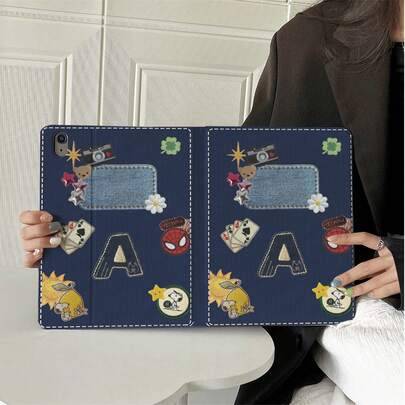 1 st surfplattaskydd i denim med patchwork, collage av björn, kamera, poker och citronprint, multifunktionellt skyddande fodral med flervinkligt ställ - Multifärgad (Multi-size)