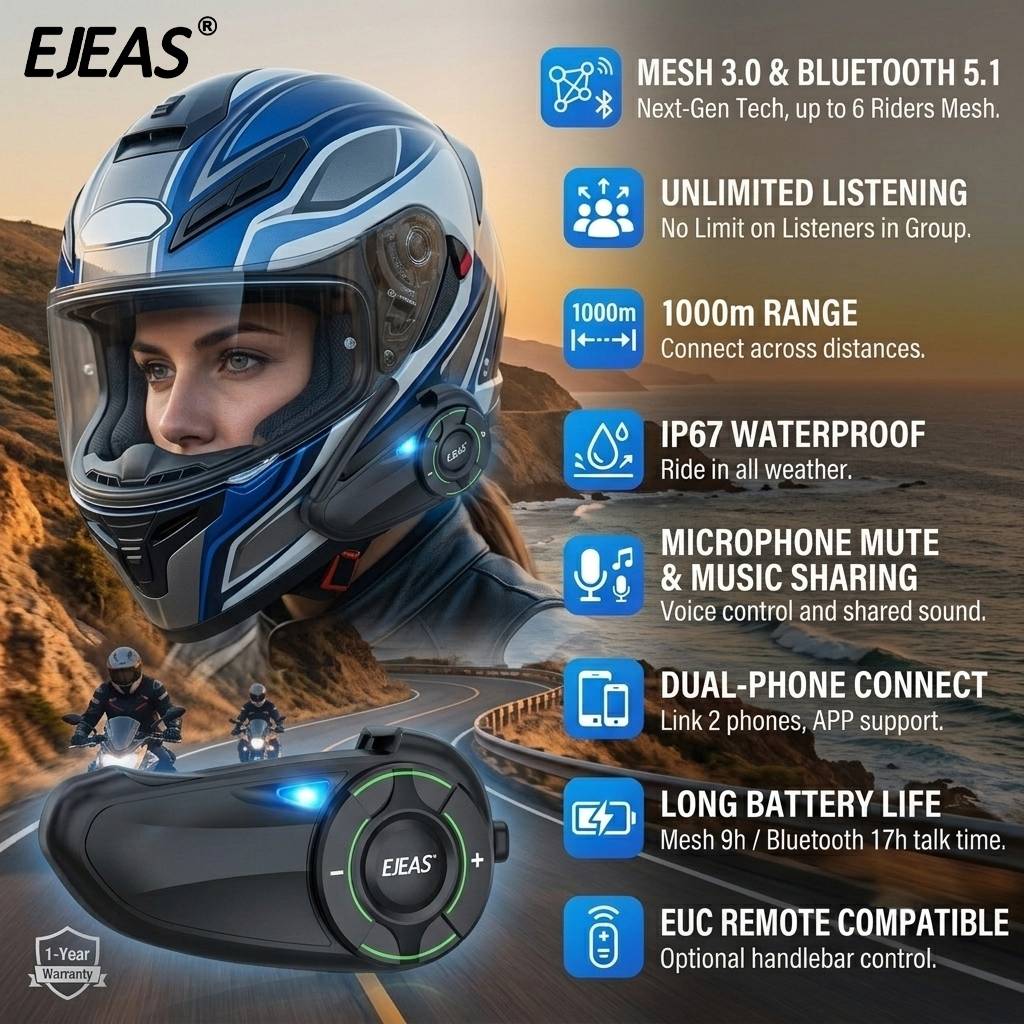 Intercom System for EJEAS Q8 motorcycle helmet, Bluetooth earphone for helmet, IP67 wireless earphone for helmet, speakers for helmet, Bluetooth intercom helmet, universal remote control EUC