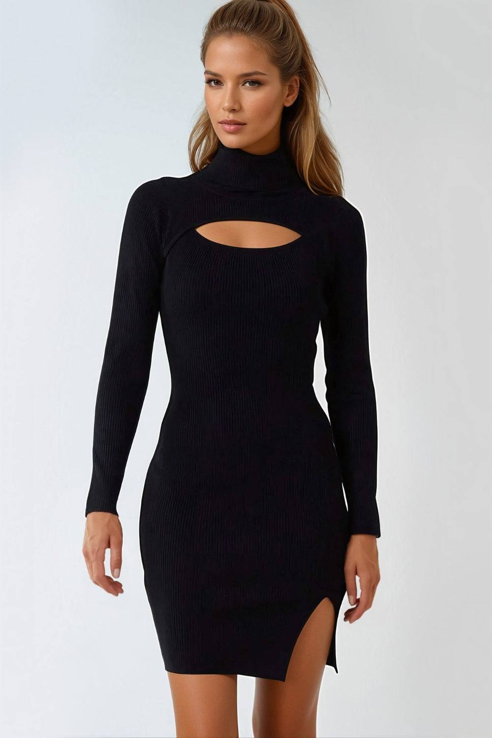 Black Ribbed Cut Out Roll Neck Dress - L