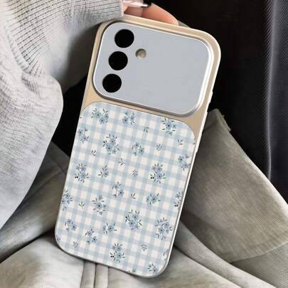 1 st moderiktigt mjukt mobilskal med metallisk lack, full täckning, stötsäkert och reptåligt, med blått rutigt blommönster, kompatibelt med Samsung A1 - Silver (Multi-size)