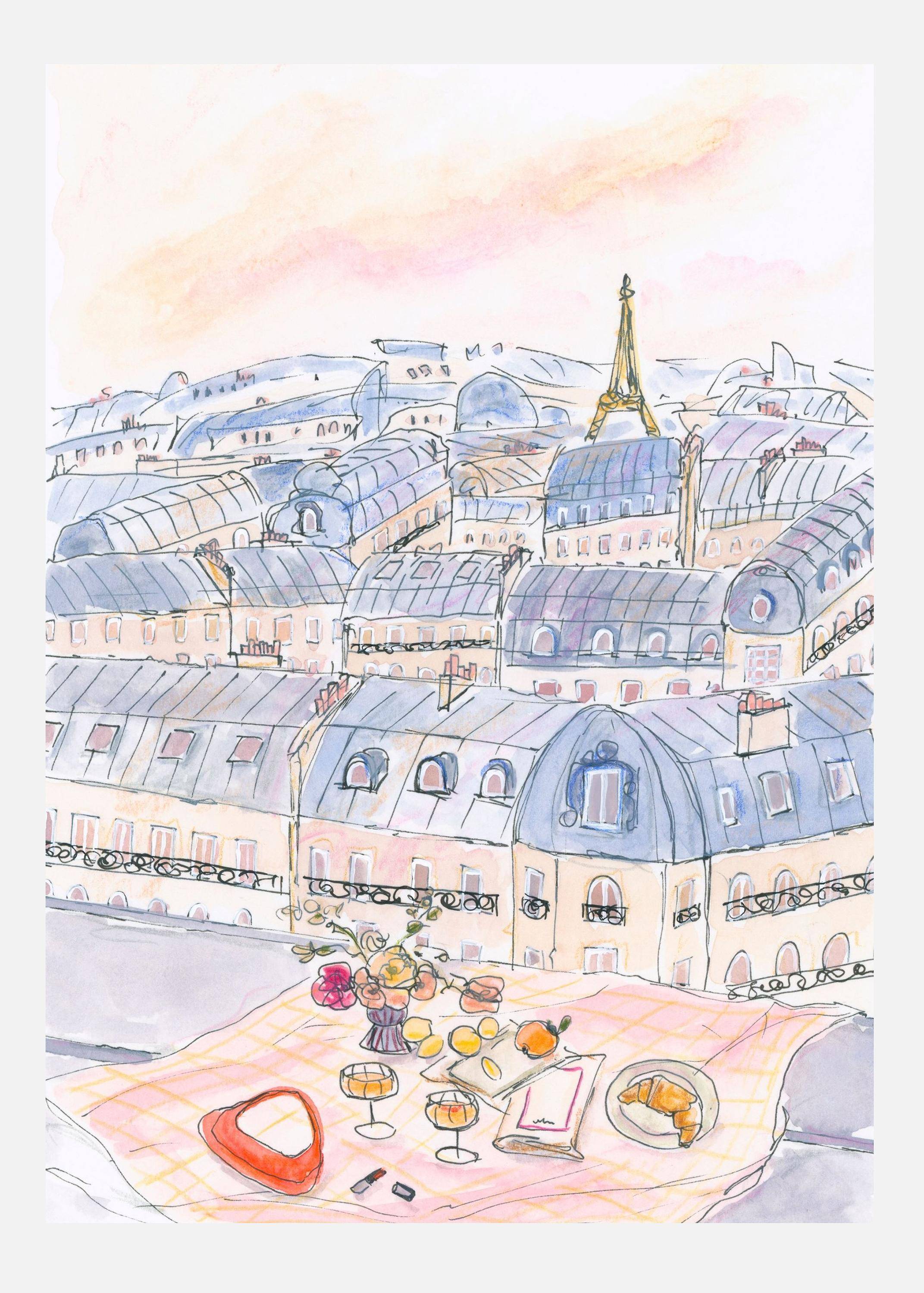 Parisian Rooftop Picnic With Eiffel Tower Views Canvastavla (50x70 cm)