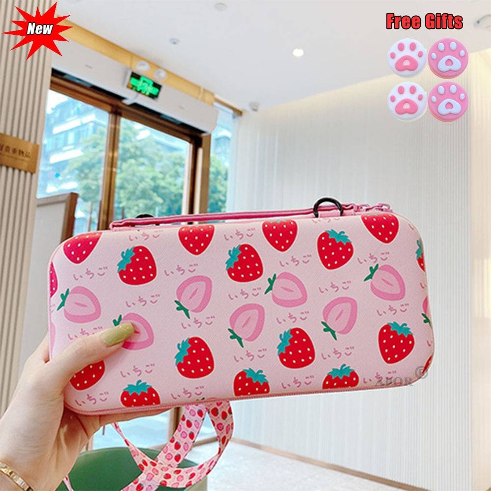 12cm*26cm*5cm rosa jordgubbar hårda skyddande påse väska för nintendo switch vattentät fodral lock bärbar förvaringsväska - Sg03