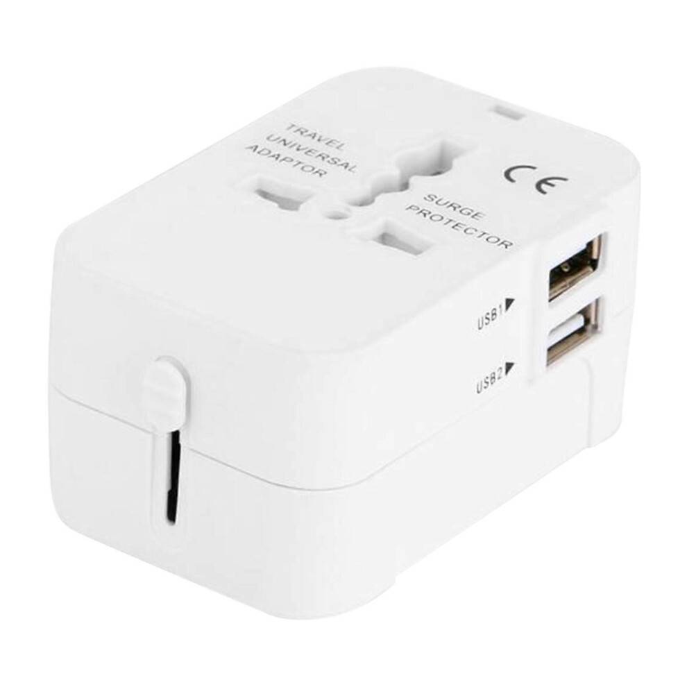 (White) Universal International Travel Plug Adapter, Wall Charger Converter with 2 USB Ports, for Family Vacations