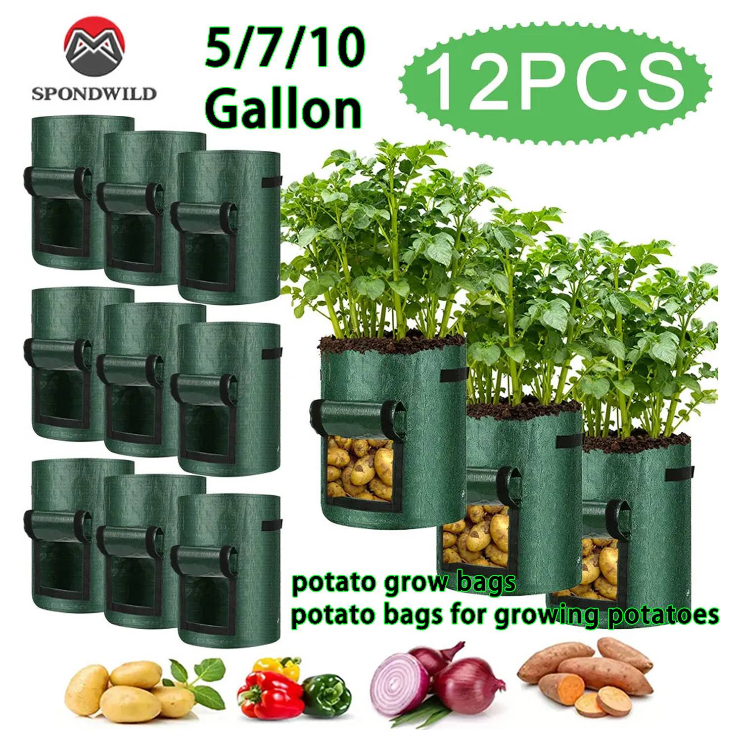 SPONDWILD 12 Pcs Potato Grow Bag PE Vegetable Grow Bags DIY Fabric Grow Pot Growing Bag Vegetable Plant Bag Outdoor Garden Pots