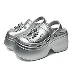 Träskor Kvinnors Silver Tjock Sula Söt Diy Slip-On Wedge Sandaler Kedja Trädgårdsskor-Silver-35-36 (Fot 22,5 Cm)