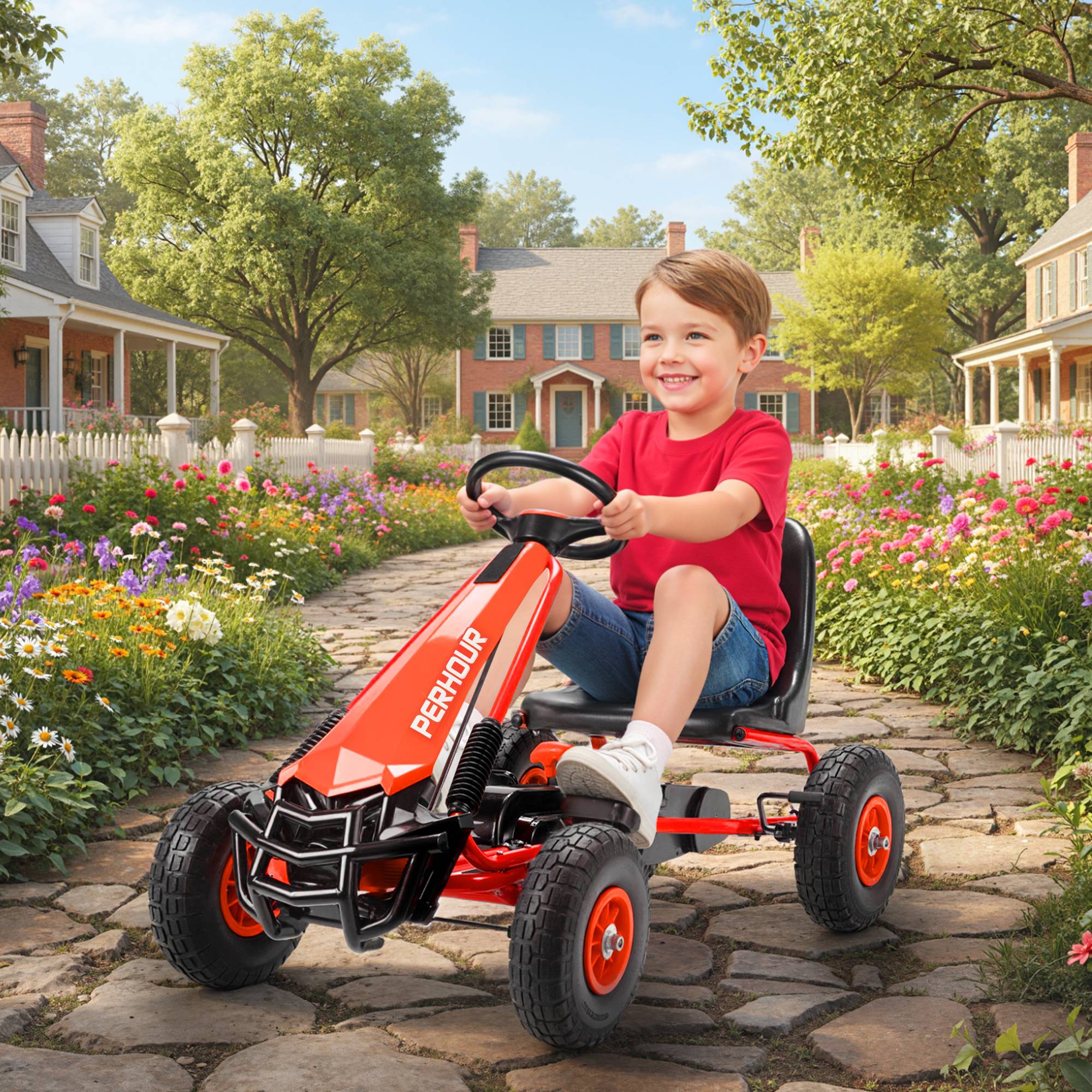 Pedal Gokart til Børn, Højdejusterbart Sæde, EVA Hjul, Bremse, Kobling, 3-8 År, Rød.