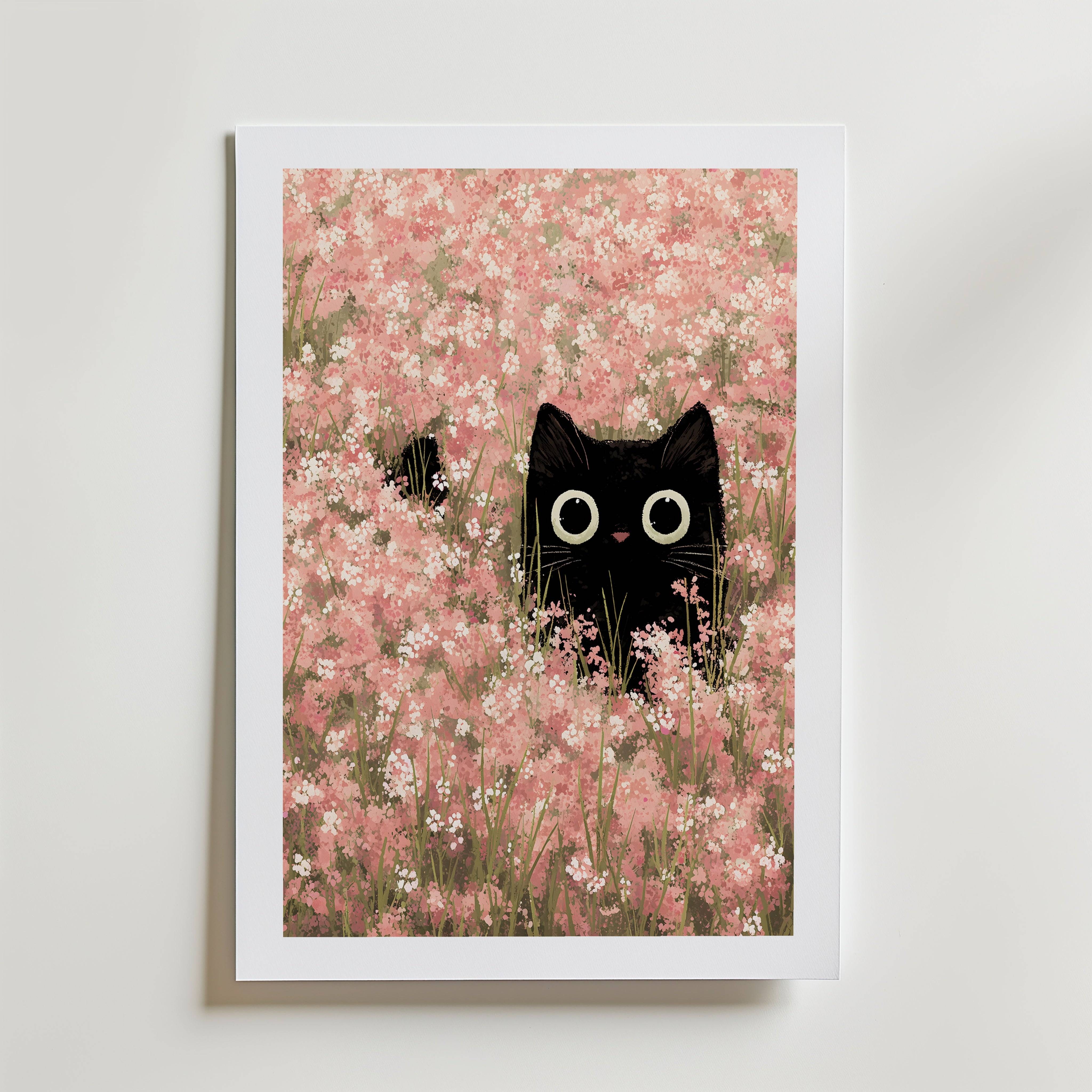 Hidden Blossom Cat Poster - Premium Canvas 21x30 cm Med passepartout