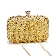 Retro Beaded Evening Clutch Bag, Removable Shoulder Strap, Solid Color Polyester Handbag With Buckle Closure And Decorative Box-Shaped Wallet, Suitabl - Gold