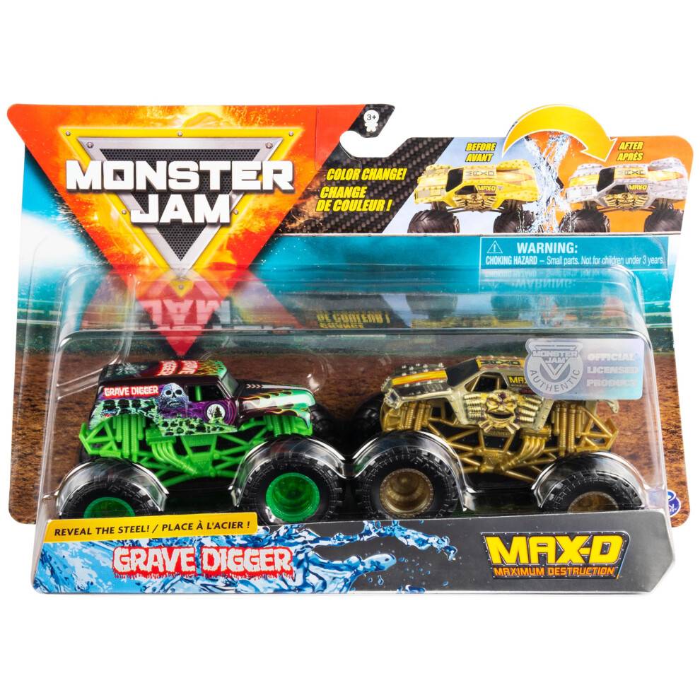 Monster Jam, Officiell Grave Digger vs. Max D Färgskiftande Die-Cast Monster Trucks, 1:64 Skala