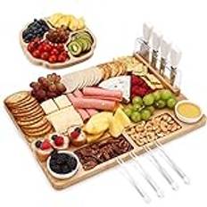 hecef Lager Charcuterie Board Set om 13, bambu ostbräda & mellanmål bricka med keramiska skålar, servergafflar och ostknivar Set, osttallrik Set Gåvor till Housewarming Anniversary Bröllop Födelsedag