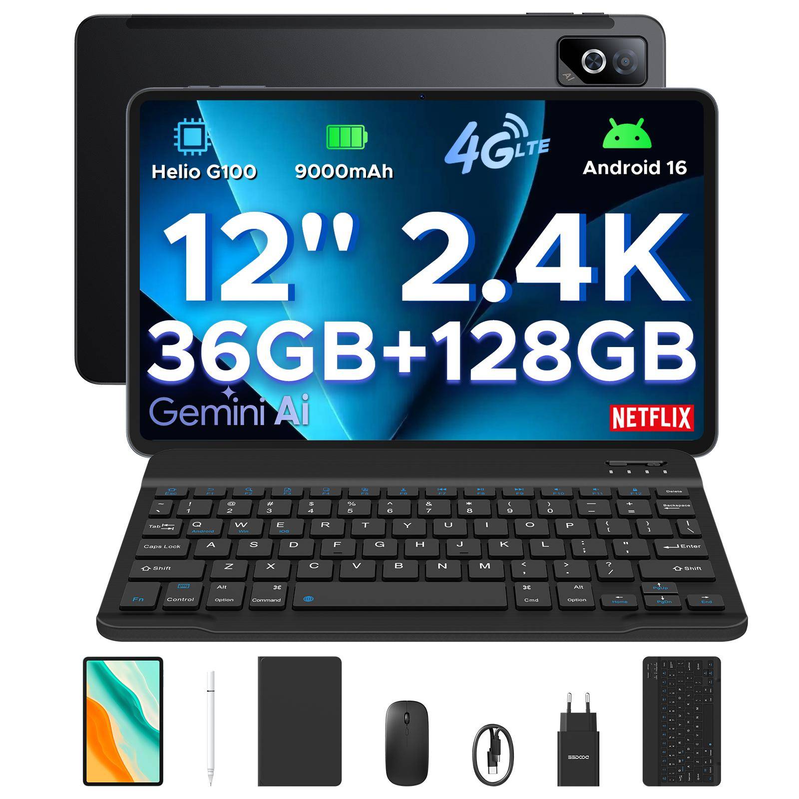 DOOGEE Tab G6 Pro 12 Inch 2.4K Tablet, Android 16 Tablet with Keyboard, 36GB+128GB/2TB, 9000mAh Battery, 4G LTE, Tablet with Pen, Mouse&Case svart