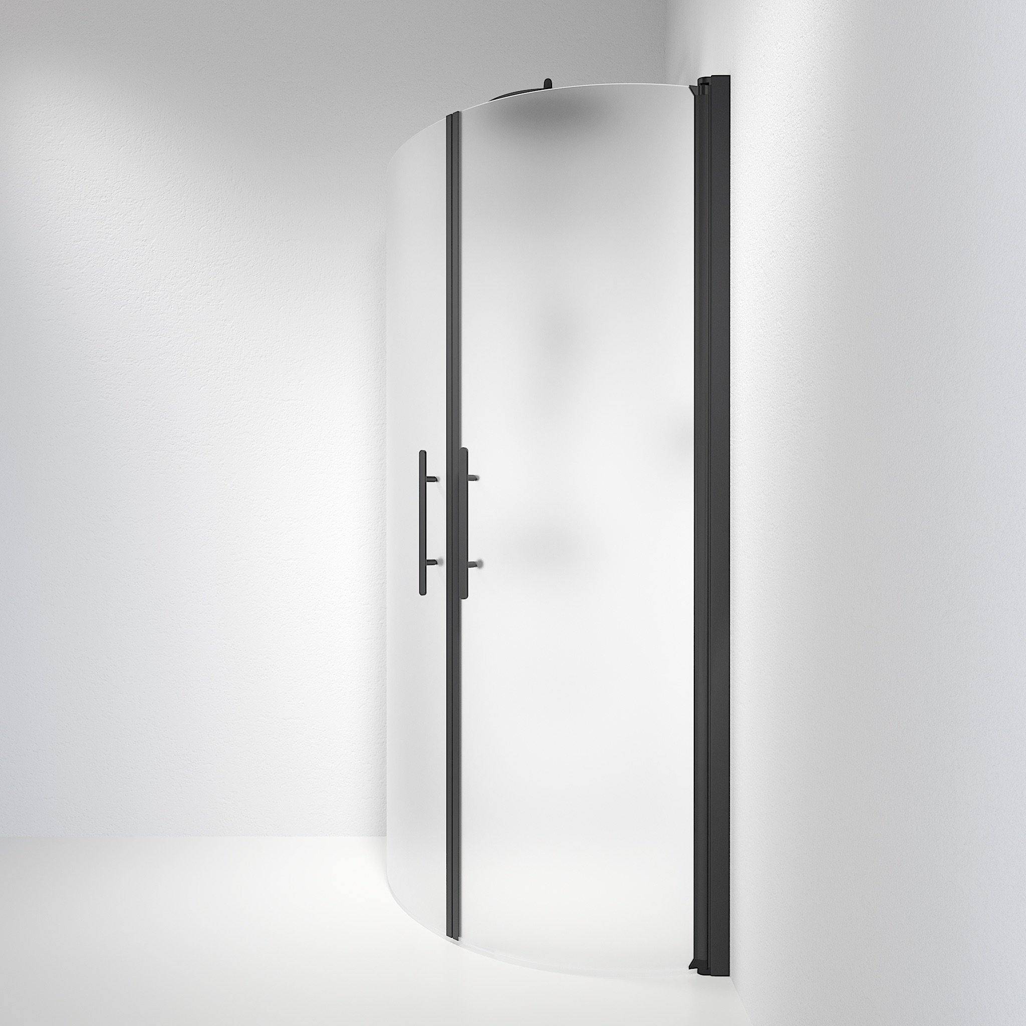 Vänern Brusehjørne, Buet, Sort Profil, Frostet Glas - 90 x 90 cm