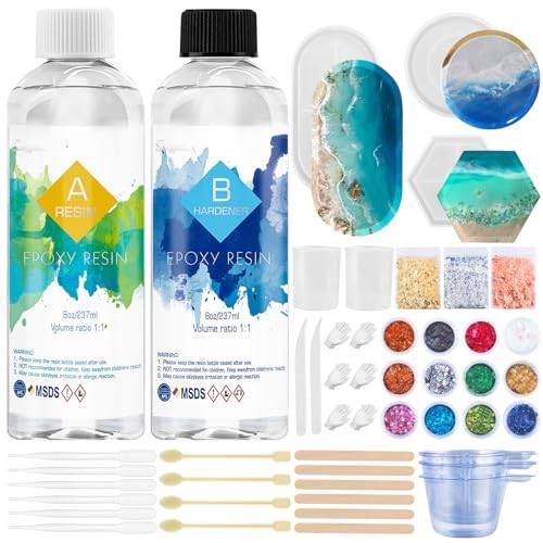 Suzzam Epoxidharz Set Anfänger 474ml/ 16oz Glasklar Gießharz mit Untersetzerform, Epoxy resin Harz Gießen Set für DIY Schmuckherstellung Handwerk mit 3 Goldfolien, 12 Glitzer, Messbecher und mehr