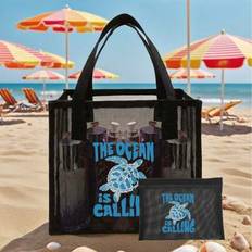 Black Transparent Mesh Double Handle Tote Bag And Cosmetic Bag, Ocean Element Printed Bag, Turtle Pattern Printed Bag, Women&#39;S Heart Pattern Mesh Squa - Multicolor