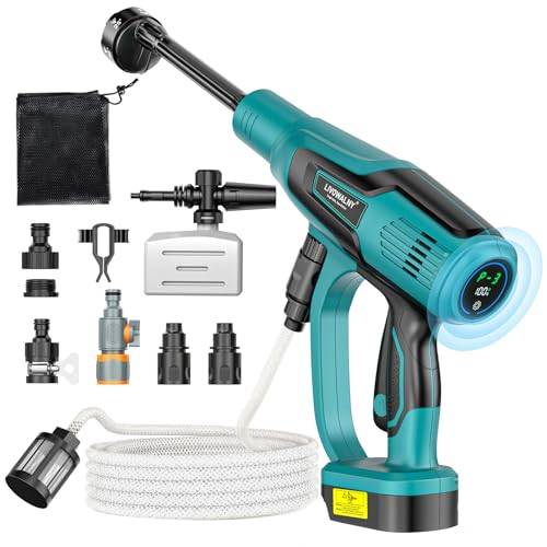 LIVOWALNY Batteridriven högtryckstvätt 18 V kompatibel med Makita (utan batteri), 82 bar mobil tryckrengörare, borstlös, 6 l/min, 3 nivåer, 6-i-1 munstycke, bärbar för bil, trädgård, terrass