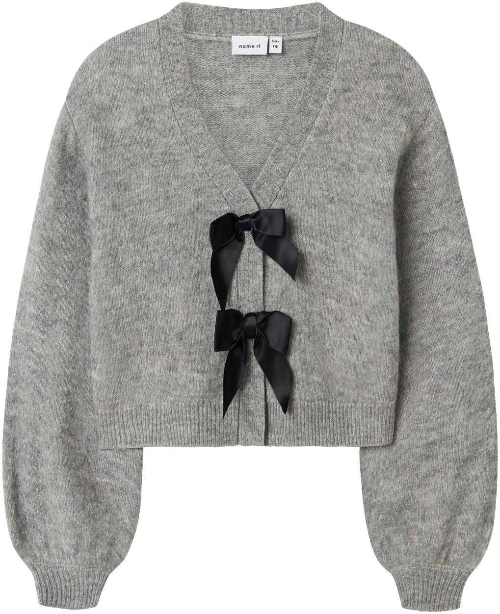 Name It Nkfrina LS Knit Card Noos Stl. 122/128 unisex - Stickat Från Magasin - Grey Melange/black Bow (122/128)