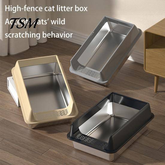 Rymlig kattlåda för stora katter Metallkattlåda, Rostfritt stål Kattunge med Höga Sidor, Läckagesäker Sidig Toalett Stänkskydd Design, Spade Ingår, gr