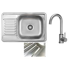 VBChome Inbyggd diskbänk med armatur 66 x 42 satinstruktur rostfritt stål diskbänk diskbänk förvaringsyta dränering vänster fyrkantig camping avloppssats sifon kran inox rostfritt stål