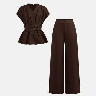 2 st/set för tweenflickor, topp med midja och löst sittande byxor, matchande outfit för både formella och vardagliga tillfällen - Brun (7Y,8Y,9Y,10Y,11Y,12Y,13Y)