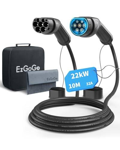EzGoGo Typ 2 Ladekabel, 22 kW / 32A / 3-Phasig / 10 Meter/Modus 3, Typ 2 EV Ladekabel für Elektroauto mit Tragetasche und Mikrofasertuch