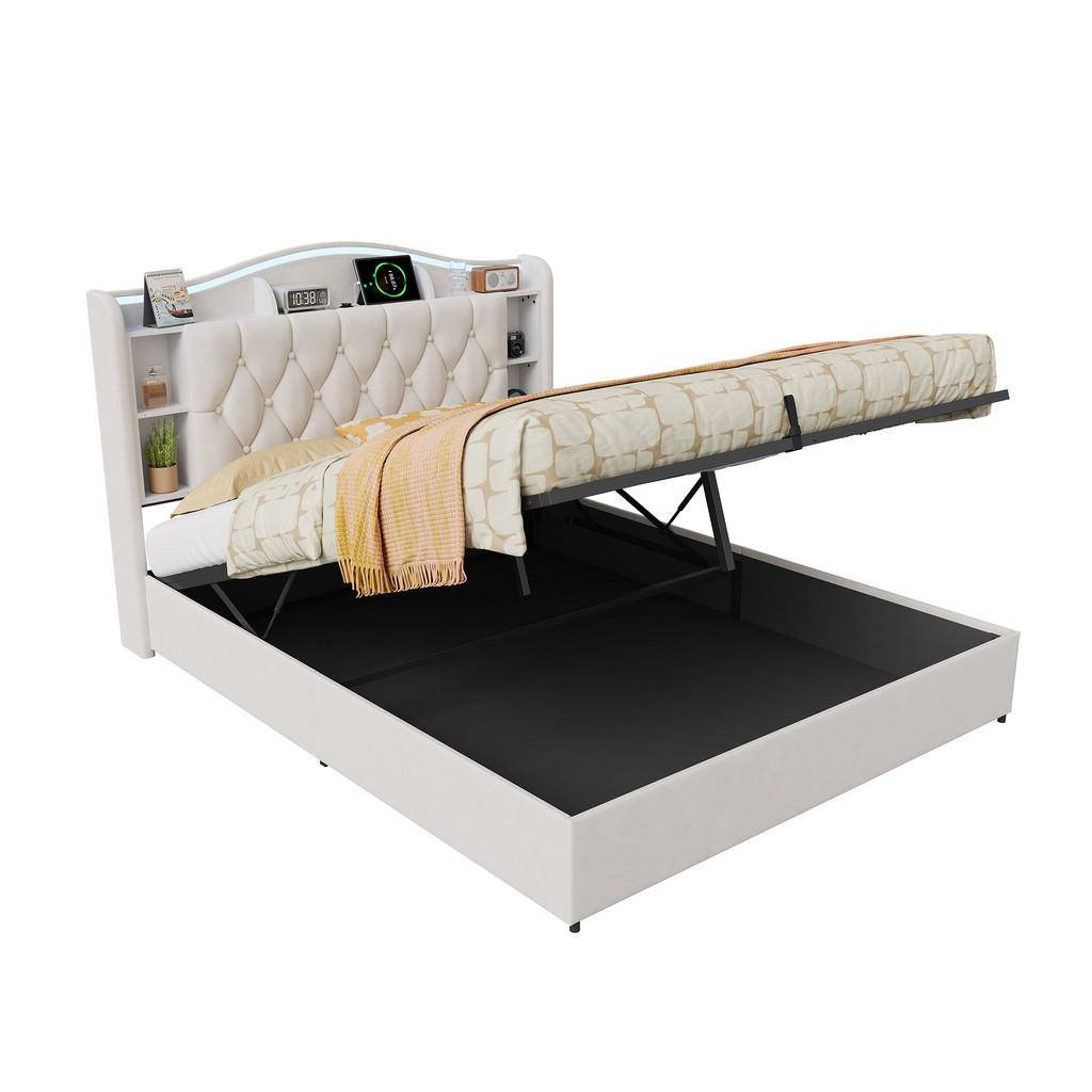 KLÄDD säng 140/200 cm beige med sänglåda och trådlös laddning - Beige