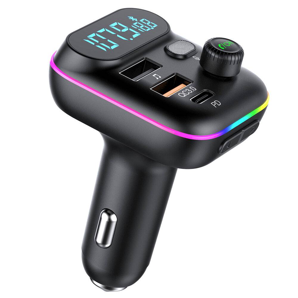 T70 Bluetooth V5.0 FM-sändare 20W PD + QC3.0 USB-bil laddare 9 färger RGB-bakgrundsbelysning Större LCD digital display