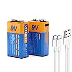 SZEMPTY Litium 9 V uppladdningsbara batterier, 6F22 USB Li-Ion 9 V batteri uppladdningsbar, 650 mAh med typ C laddkabel, snabbladdning på 1,5 timmar, (2-pack) (9 V USB-batteri x 2)