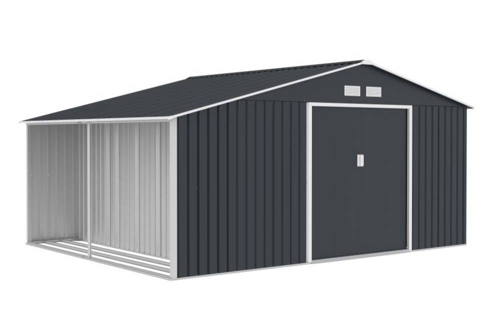 Molde verktygshus i metall 3,4 x 3,2 m med Store Boss vedbod antracit