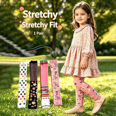 Tunna mönstrade 9/10-långa tights för flickor, vår/sommar, med hjärt-, prick- och blomtryck, hög elasticitet, andningsbara, prinsessklänningstillbehör - Multifärgad (1-3Y,4-6Y,6-8Y)