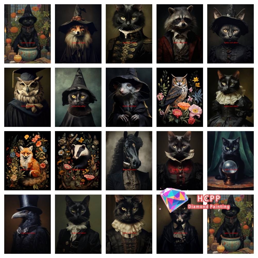 Gothic Black Cat Horse Fox Raccoon Animal Portrait Diamond Painting Kit Square Round Diamond 5D DIY Mosaic Handmade Art Gift