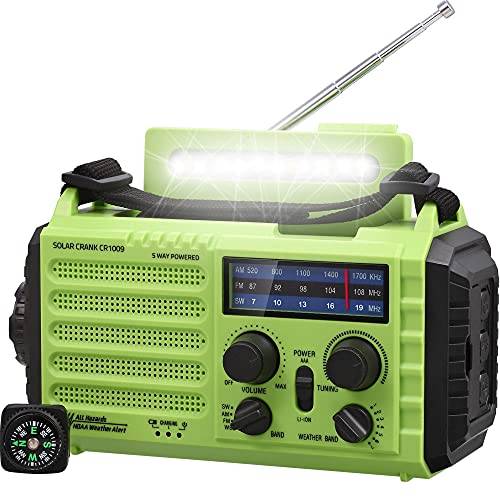 AM/FM/SW byggarbetsplatsradio vevradio, bärbar 5-vägs väder solradio, dynamo handvev, powerbank, LED campinglampa, SOS-larm, kompass, USB-port för laddning av mobiltelefon i nödsituationer