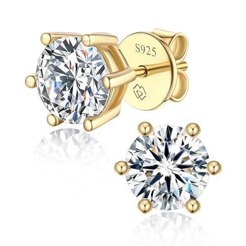 MomentWish Moissanite Ohrstecker Gold 585, 3 Karat/7,5 mm Goldene Ohrringe Damen mit Stein Hypoallergene Echt Silber Geschenk für Frauen Mama-6 Prong
